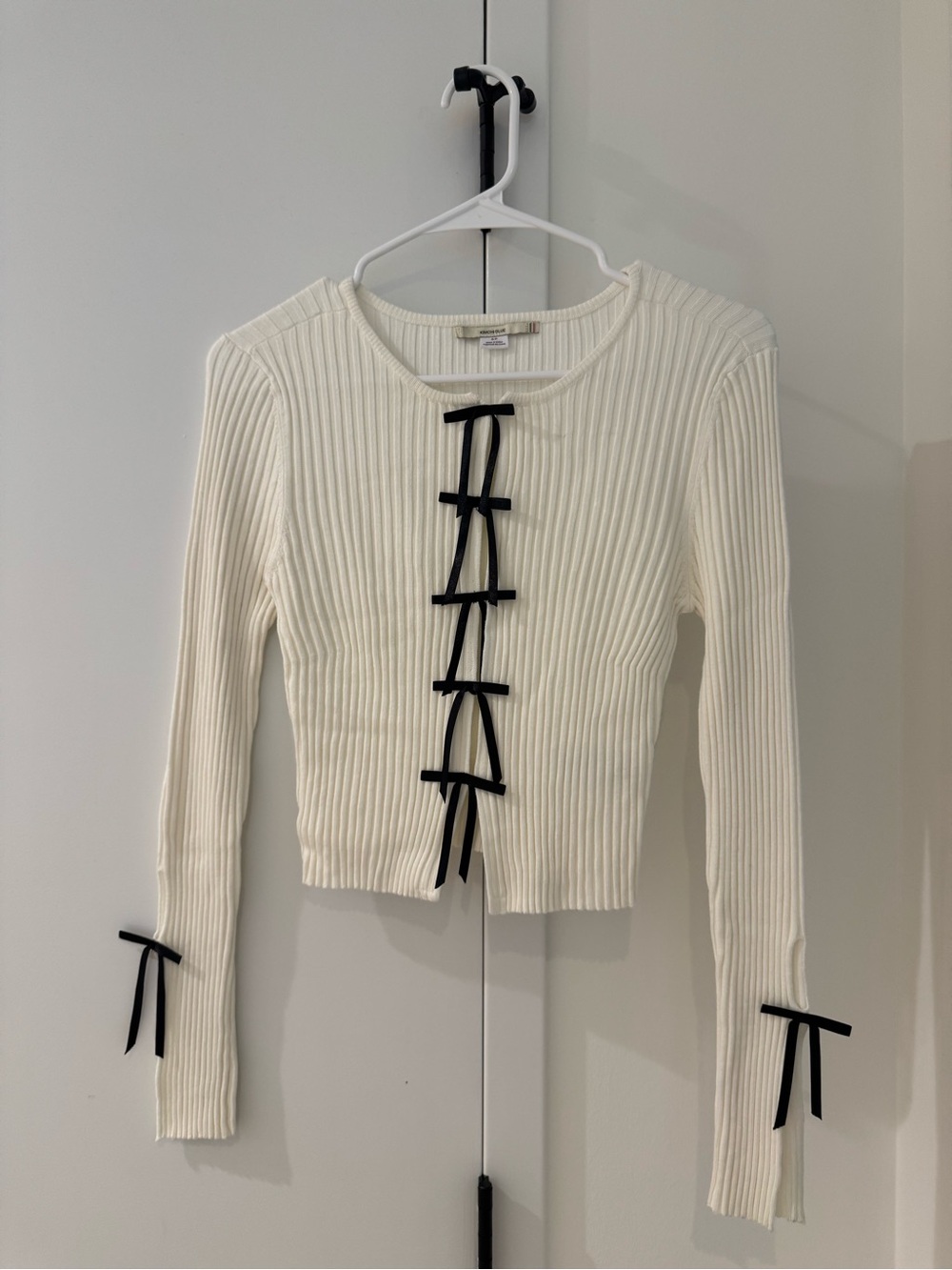 Kimchi Blue Cream Ribbed Long Sleeve Top with Black Bow Ties